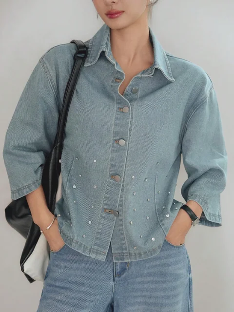 Light Wash Rhinestone Denim Shirt Jacket