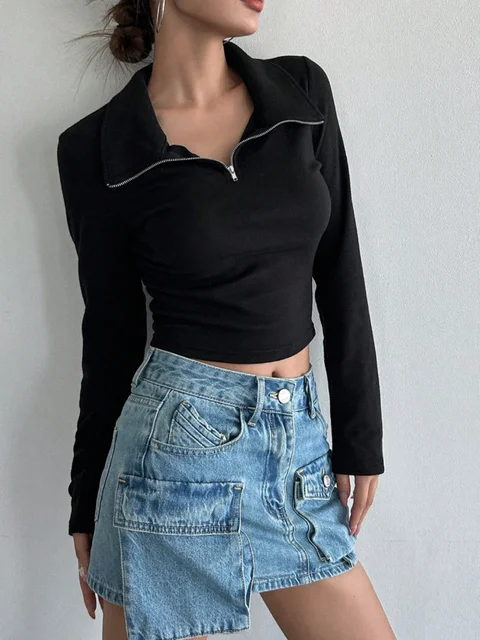 Decorative Zipper Half Placket T-Shirt