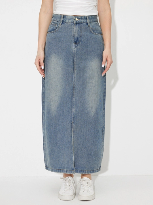 Slit Denim A-Line Skirt